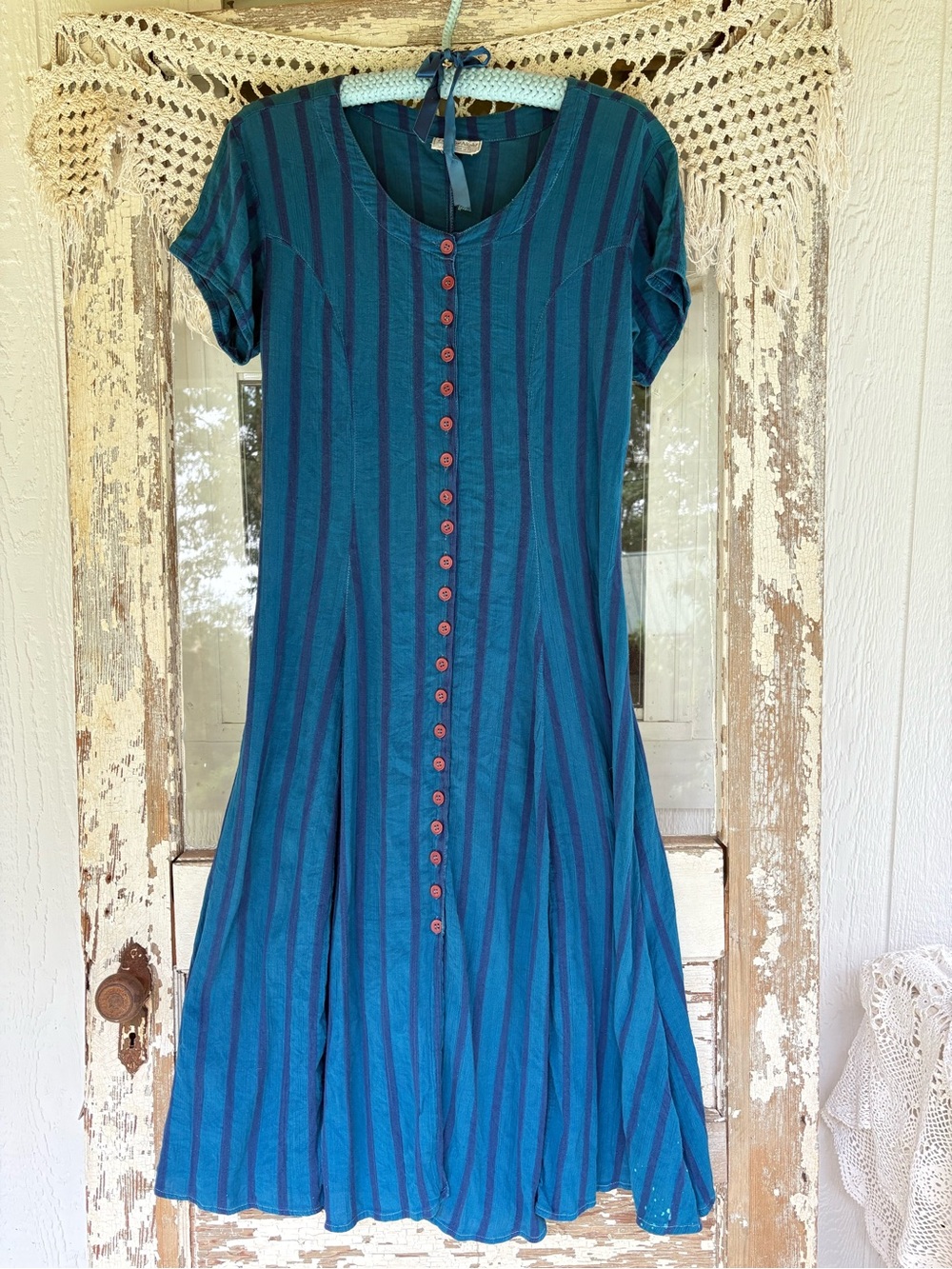 Vintage 90s Blue & Navy Striped Button-Front Dress M/L